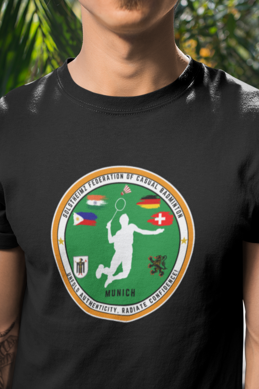 Round Neck Half Sleeves Tshirt in Munich Badminton Logo for Dark colors