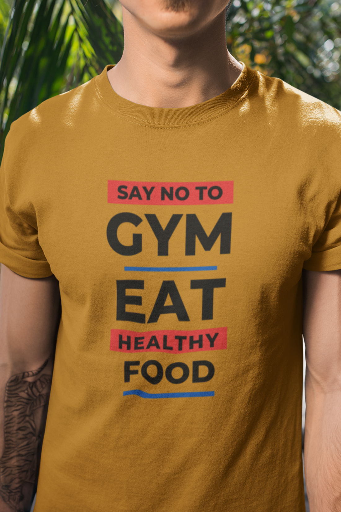 Round Neck Half Sleeves T-Shirt White with No Gym Healthy Food