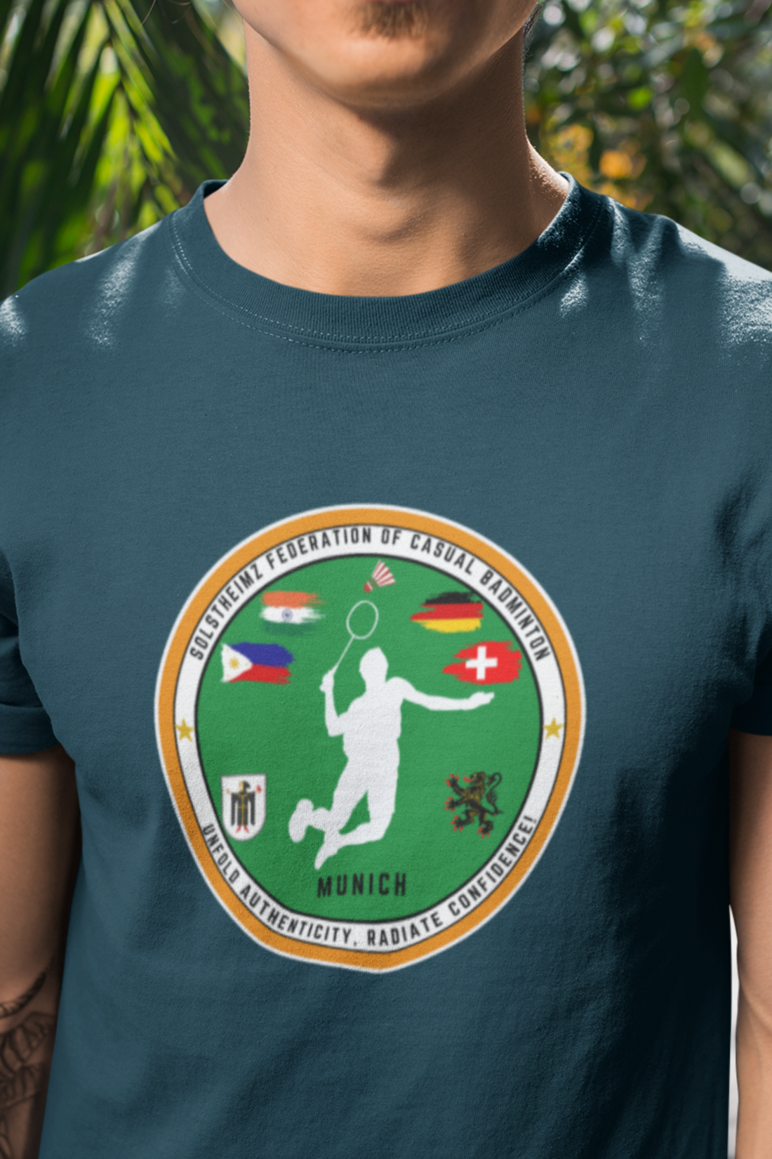 Round Neck Half Sleeves Tshirt in Munich Badminton Logo for Dark colors