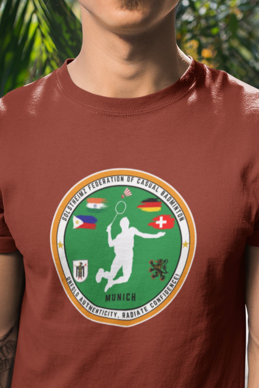 Round Neck Half Sleeves Tshirt in Munich Badminton Logo for Dark colors